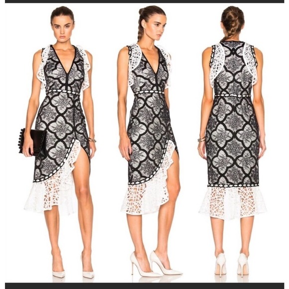 Alexis Emily Black & White Lace Ruffles Side Slit Cocktail Midi Dress Size: S